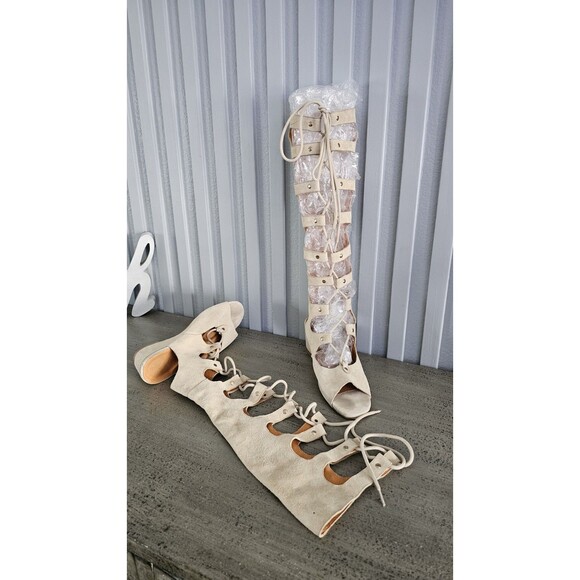 Women’s Knee-High Gladiator Sandals, Soft Suede Leather, Lace-Up Beige  Size 37 - Picture 5 of 7